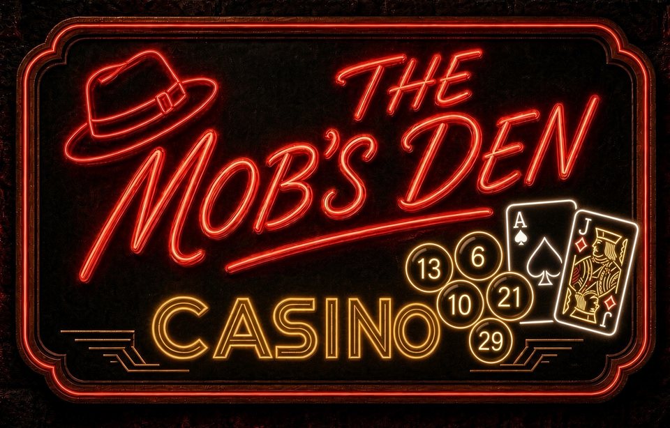 The Mob's Den Casino neon sign: a red fedora, red script lettering and gold CASINO lettering with keno balls and playing cards